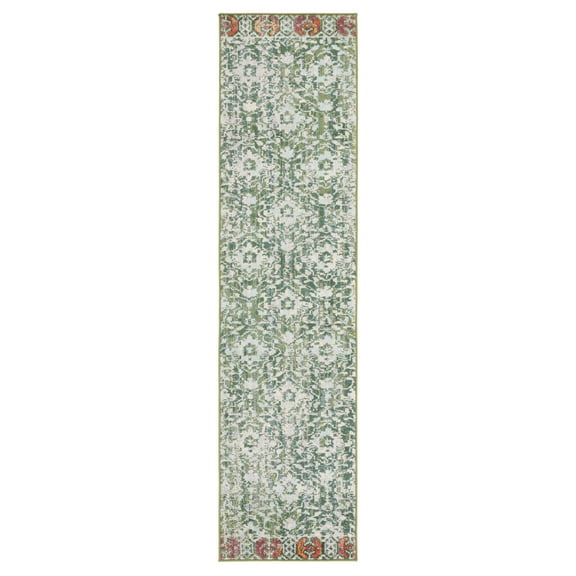 SAFAVIEH Madison Bayon Geometric Distressed Runner Rug, Green/Ivory, 2' x 8'