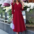 thumbnail image 2 of Fesfesfes Women Dress Lapel Printing Three Quarter Sleeves High Waist Lacing Bow Belt Dress Under $10, 2 of 9