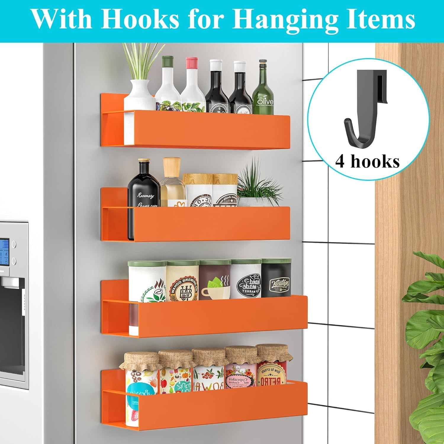 4 Pack Magnetic Spice Storage Rack Organizer for Refrigerator & Oven Orange Fridge Organizers and Space-Saving Kitchen Storage Shelves