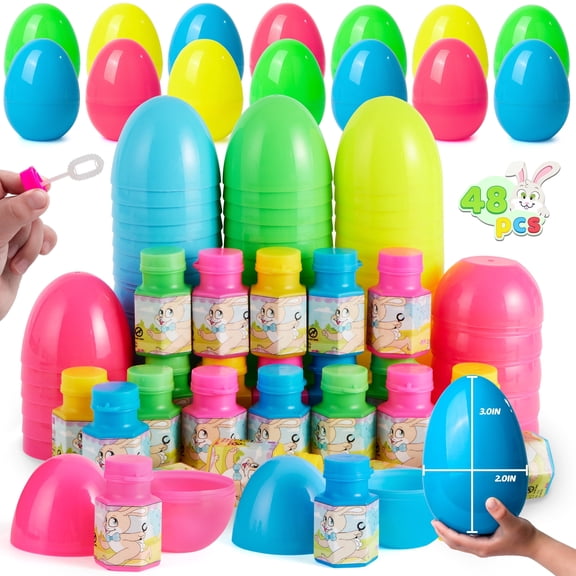 Joyfy 48 Pcs Prefilled Easter Eggs with Toys (24 Bubble Wands and 24 Eggs),Bubble for Easter Basket Stuffers,Easter Baskets for Kids,Easter Eggs Hunt,Bubbles for Toddlers 1-3