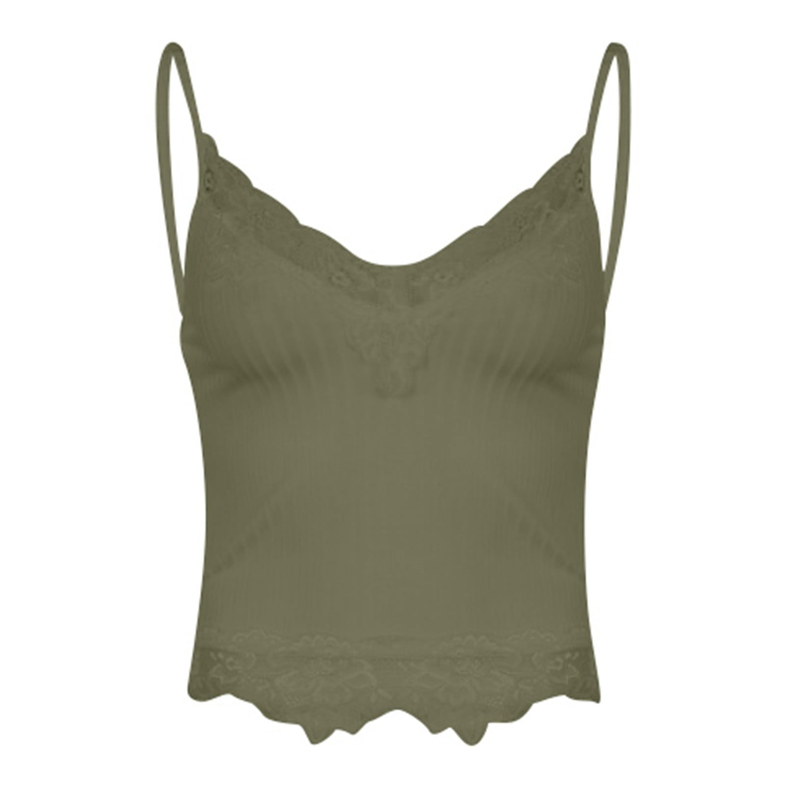 OJSFQUFP Womens Trendy Tops Green Lace Trim Ribbed Deep V