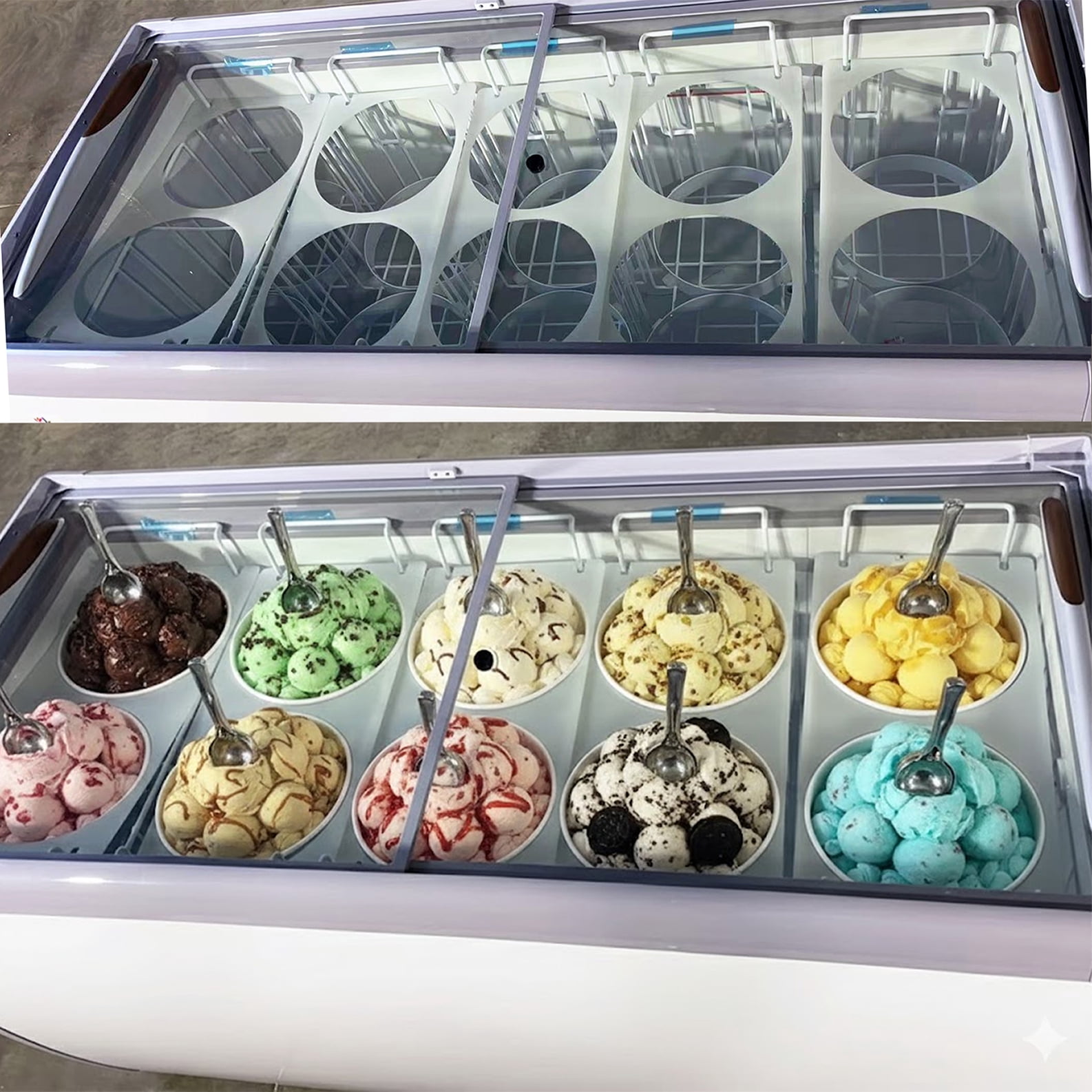 NSF 60" Ice Cream Dipping Cabinet with Flat Glass Sneeze Guard – 10 Tub Display,  Commercial Display Chest Freezer
