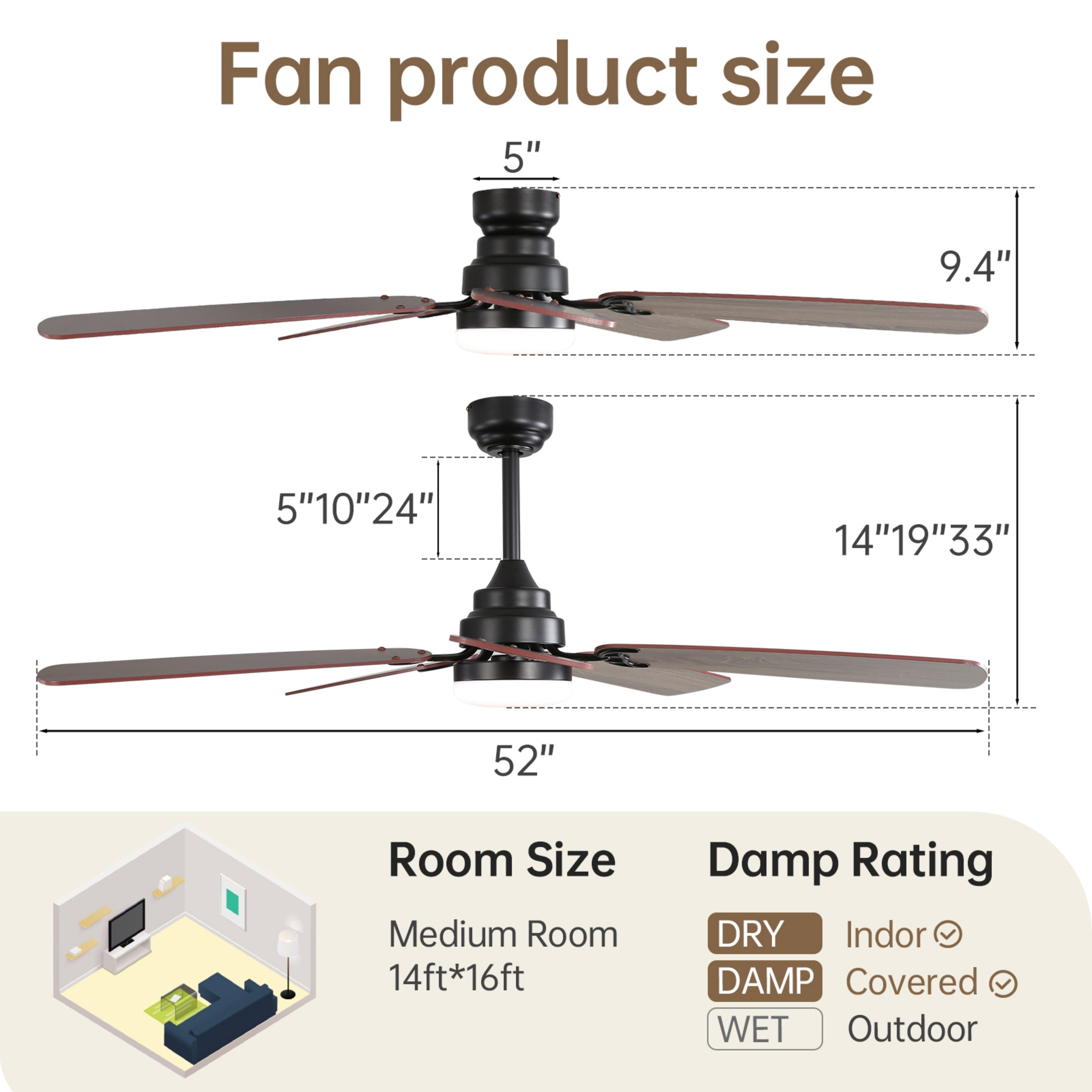 Sofucor 52" Ceiling Fan with Dual Blade Finish, Modern, LED Light, Downrod and Flush Mount, Indoor