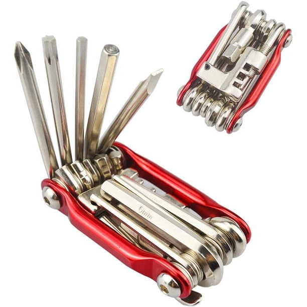 Herramienta de reparación de bicicletas multifunción 11 en 1, mini kit de herramientas múltiples para bicicletas, herramienta de mantenimiento de bicicletas portátil plegable (rojo)