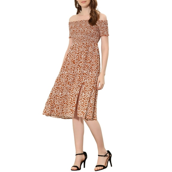 INSPIRE CHIC Women's Summer Boho Floral Print Off Shoulder Slit Long A-Line Dress S Dark Red