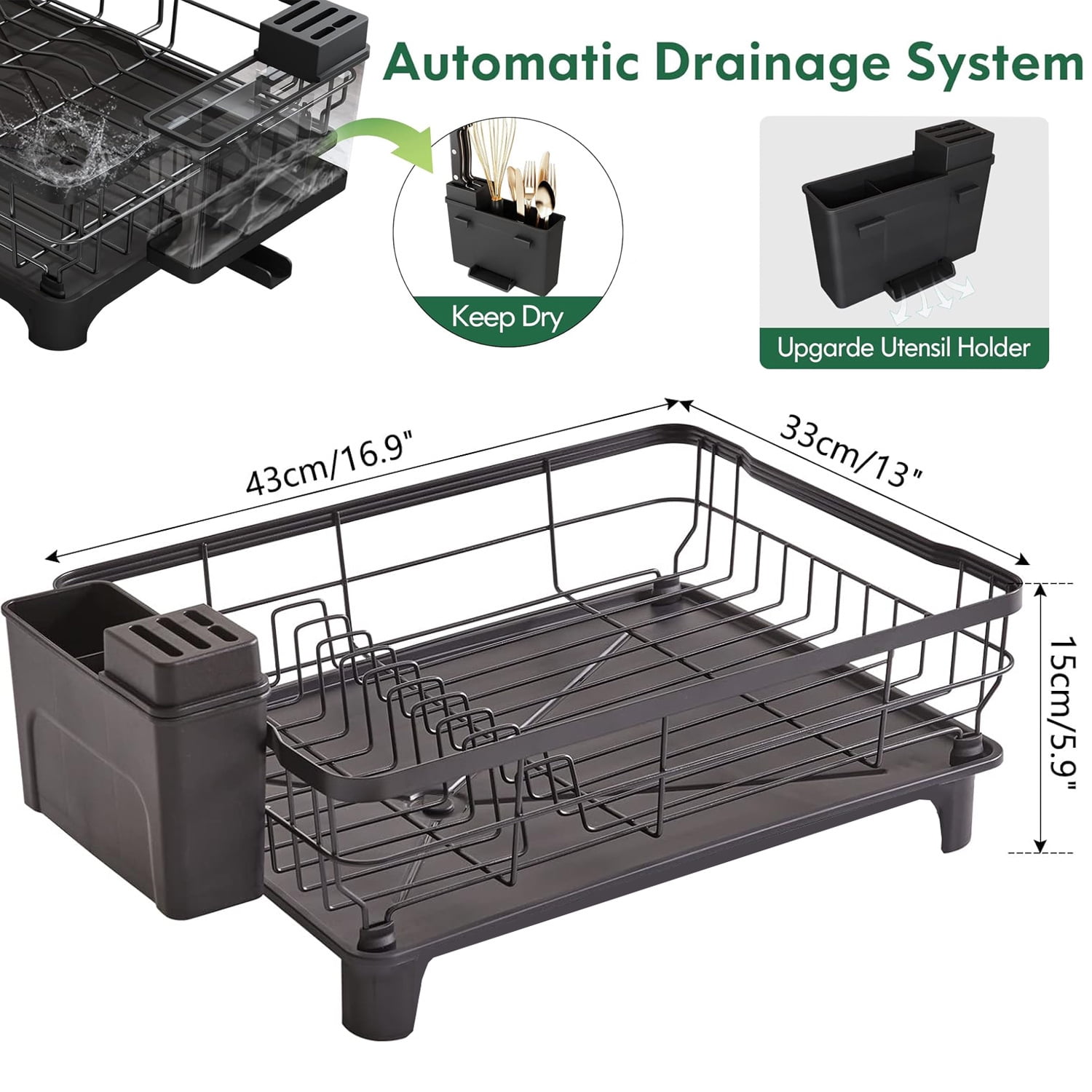 Asunby Stainless Steel Kitchen Drying Rack with Drainboard, Removable Utensil Holder and Drain Spout, Compact Counter & Sink Organizer, 12.9''W x 16.9''L
