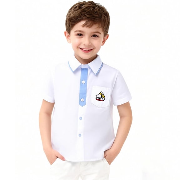 Boys' Sailboat Embroidered Short Sleeve Shirt, 100% Cotton Collared Polo for Kids, Machine Washable & Comfortable, Sizes 3T-14, White,Size 11-12 T