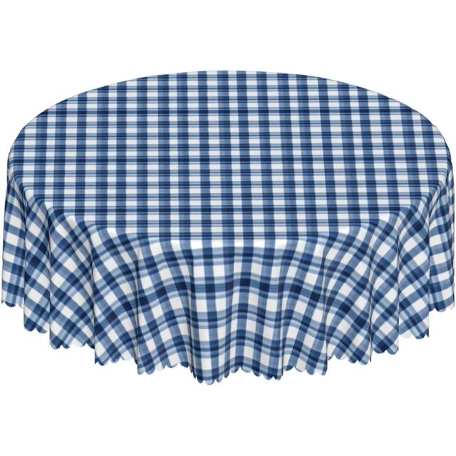 Round Tablecloth with Wave Lace 60 Inch, Blue Jeans Gingham Round Tablecloths Waterproof Resistant Durable Tablecloths Outdoor Tablecloth for Dining, Parties, Camping