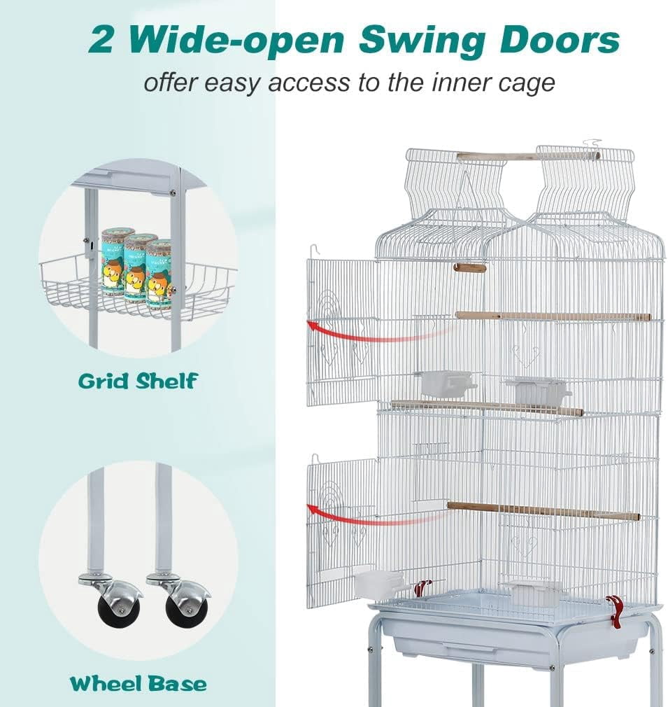 CL.HPAHKL 64-inch Large Bird Cage Play Open Top Design, Metal Parakeet Cage with Rolling Stand & Bottom Tray for Parakeet Lovebirds Ringneck Cockatiels Parrot Cage, White