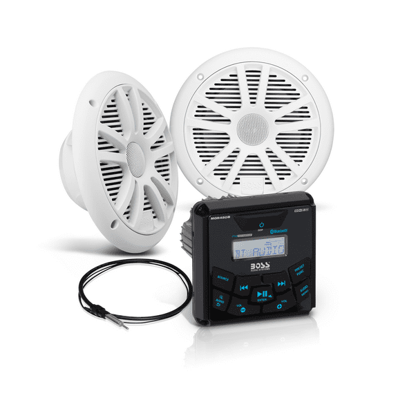 BOSS Audio Systems MCKGB450W.6 Marine Gauge Receiver & Speaker Package – IPX6 Rated Weatherproof Receiver, 6.5” Speakers, Bluetooth Audio, USB/MP3, AM/FM & NOAA Weather Band Tuner, No CD