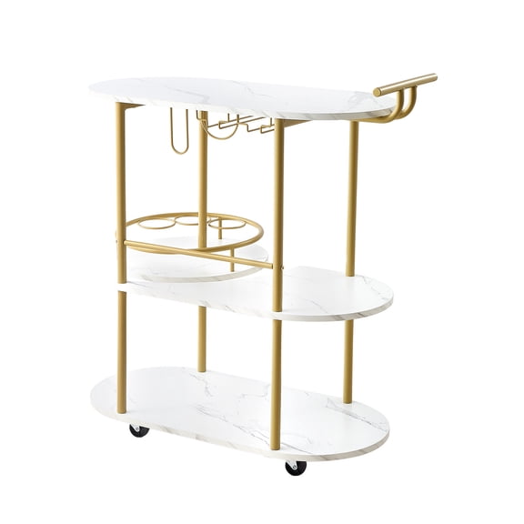 KFFKFF 3-Tier Bar Cart with Wheels, Round Rolling Utility Cart for Kitchen and Home, Mobile Beverage Trolley with Wooden Shelves, Glass Holder, and Wine Rack, Ideal for Living or Dining Room, Gold