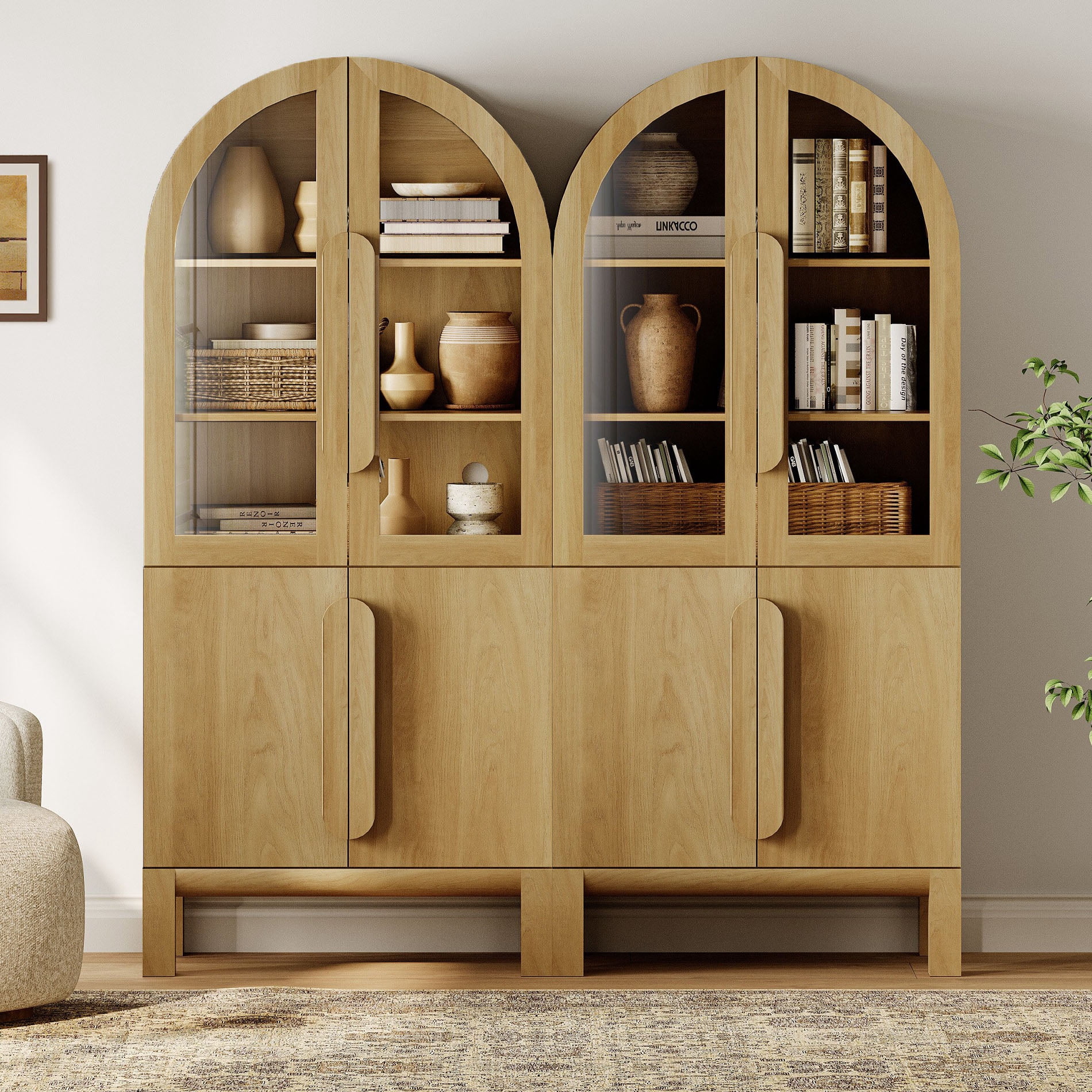 71"H Arched Bookshelf Set of 2, Modern 3 Tier Bookcase with Cabinet, Wooden Display Cabinet with Glass Doors and Adjustable Shelves, Versatile Bookshelf for Living Room, Study, Office