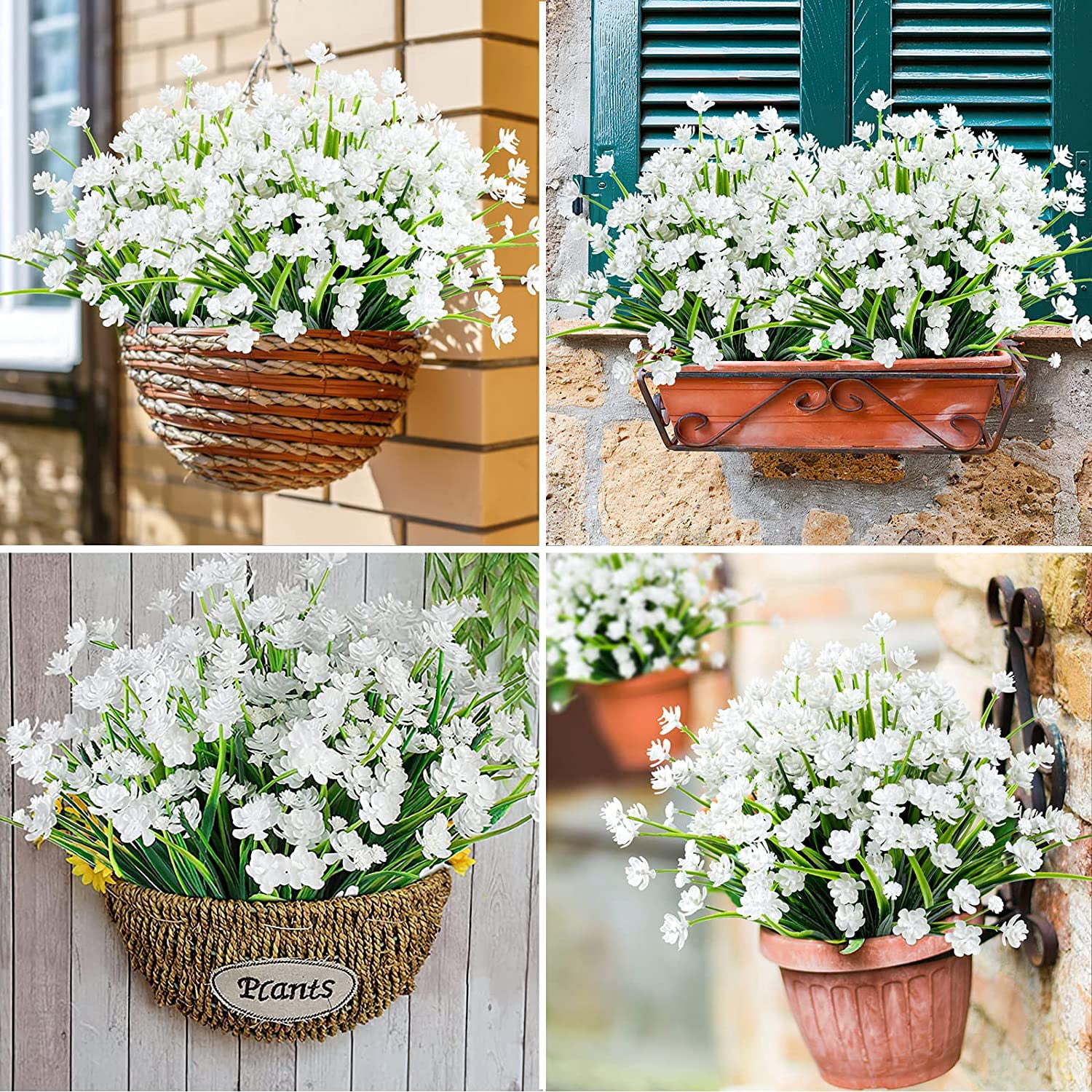 20 Bundles Artificial Flowers Outdoor UV Resistant Faux Flowers No Fade Fake Plastic Plants Garden Porch Window Box Decorating (Pure White) A
