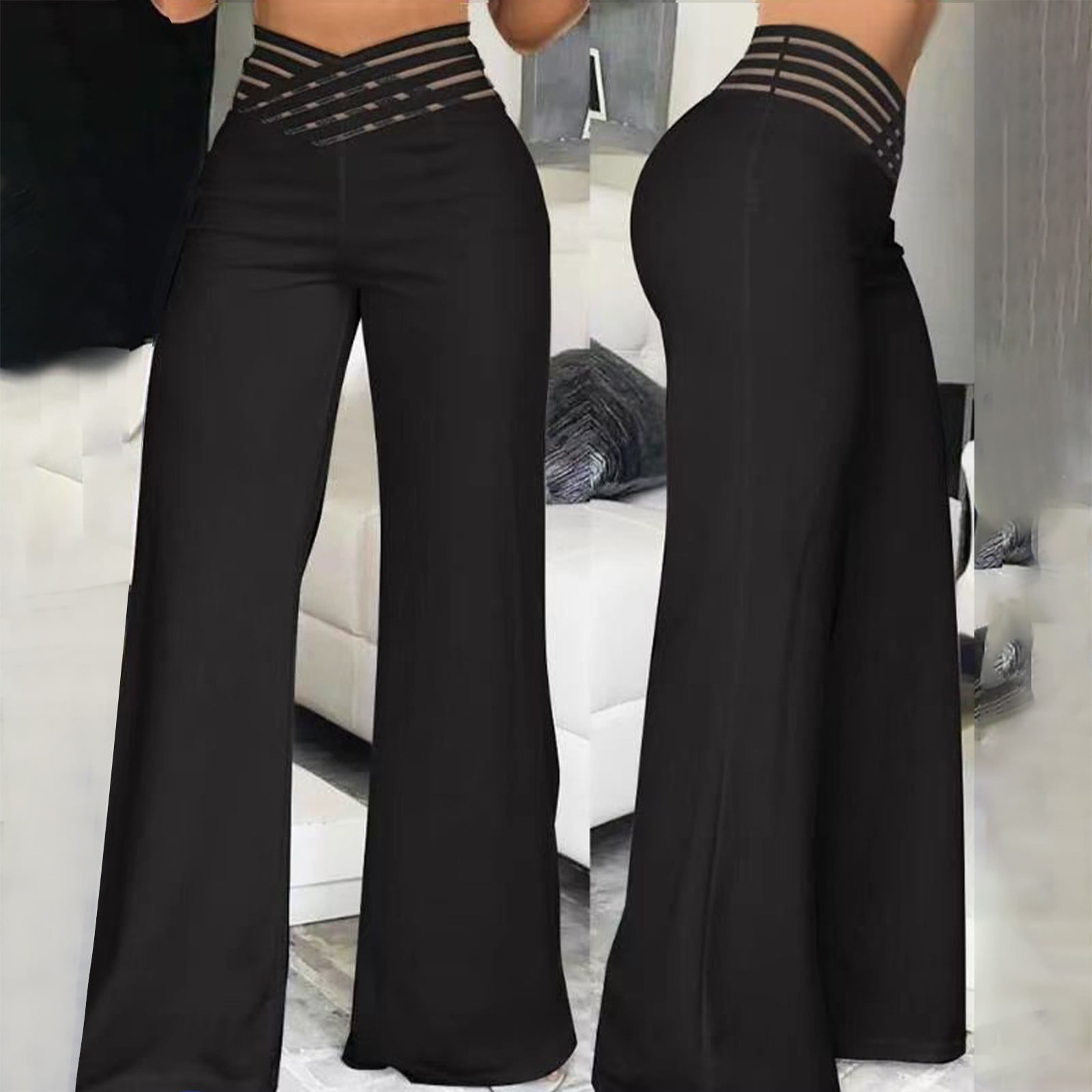 Womens Pants plus Size Stretch Pants for Women Work Casual Women Solid Casual Pocket Wide Leg Pants Elastic Waist Loose Adult Female Clothes Black
