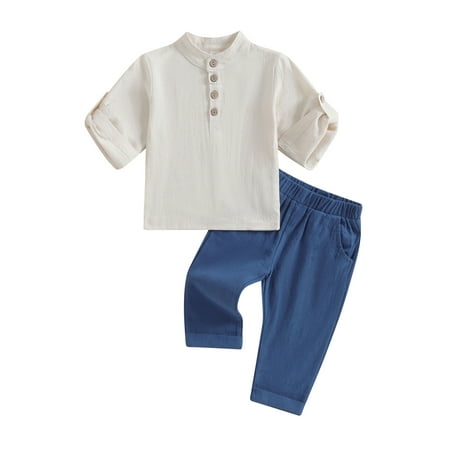 

Toddler Kids Boys Cotton Linen 2pcs Outfit Set Button Down Henley Shirt Rolled Sleeve T-Shirt + Elastic Waist Pants