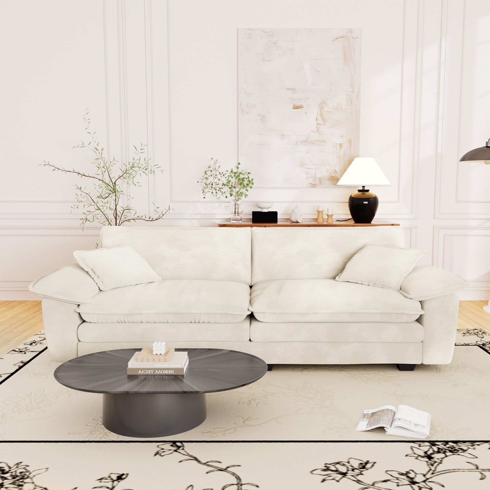 Muumblus 80.5" Corduroy Loveseat Sofa, Oversized Upholstered 2-Seater Plush Cloud Couch for Living Room/Apt, White