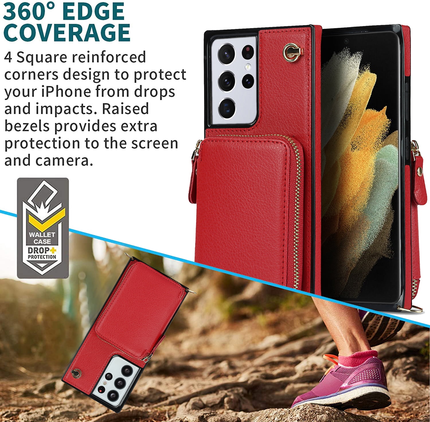 TECH CIRCLE For Galaxy S9 Wallet Case,Card Holder Phone Case for Women, Zipper PU Leather Purse Kickstand Folio Flip Case with Crossbody Strap for Samsung Galaxy S9 5.8" 2018,Red
