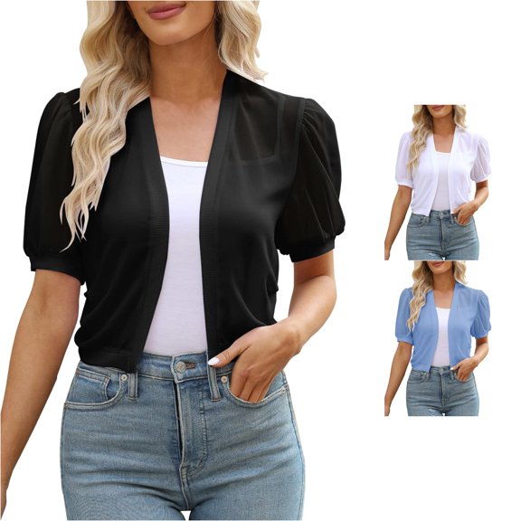 HCYSFG Womens Solid Color Cardigan Open Front Short Puff Sleeve Sheer Lightweight Cropped Summer Cover Up Layering Tops
