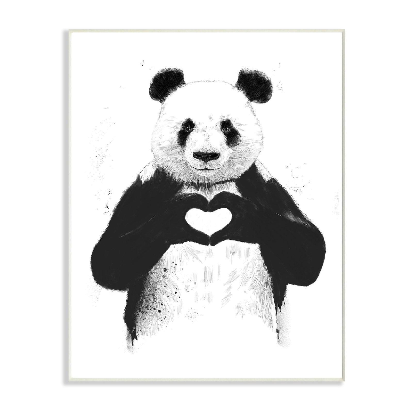 The Stupell Home Decor Collection Black and White Panda Bear Making a Heart Ink Illustration Wall Plaque Art, 10 x 15