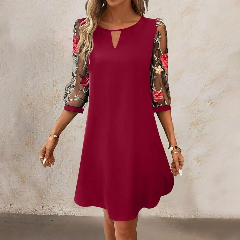 Swiftwear Women's Floral Embroidered A-Line Dress - 3/4 Sleeve Sheer Floral Print Casual Elegant Dress Knee-Length, for Office & Party, Size: 2XL