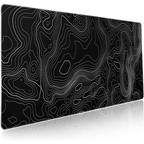 XXL Toographic Contour Black Gaming Mouse Pad - Geographic Map Lines, Extended Big Large Desk Mat, Non-Slip Rubber Base, Stitched Edge, Long Keyboard Mousepad for PC Laptop, 35.4×15.7 in