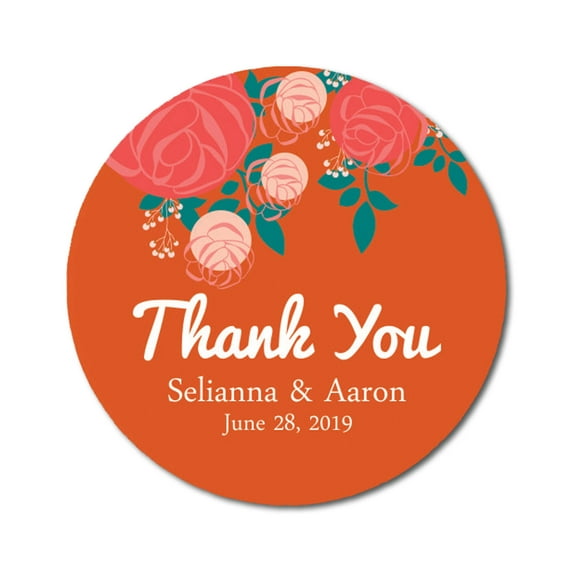 Darling Souvenir Personalized Bride Groom Names And Date Envelope Seals Round 45 Pcs Rose Floral Thank You Stickers-Orange