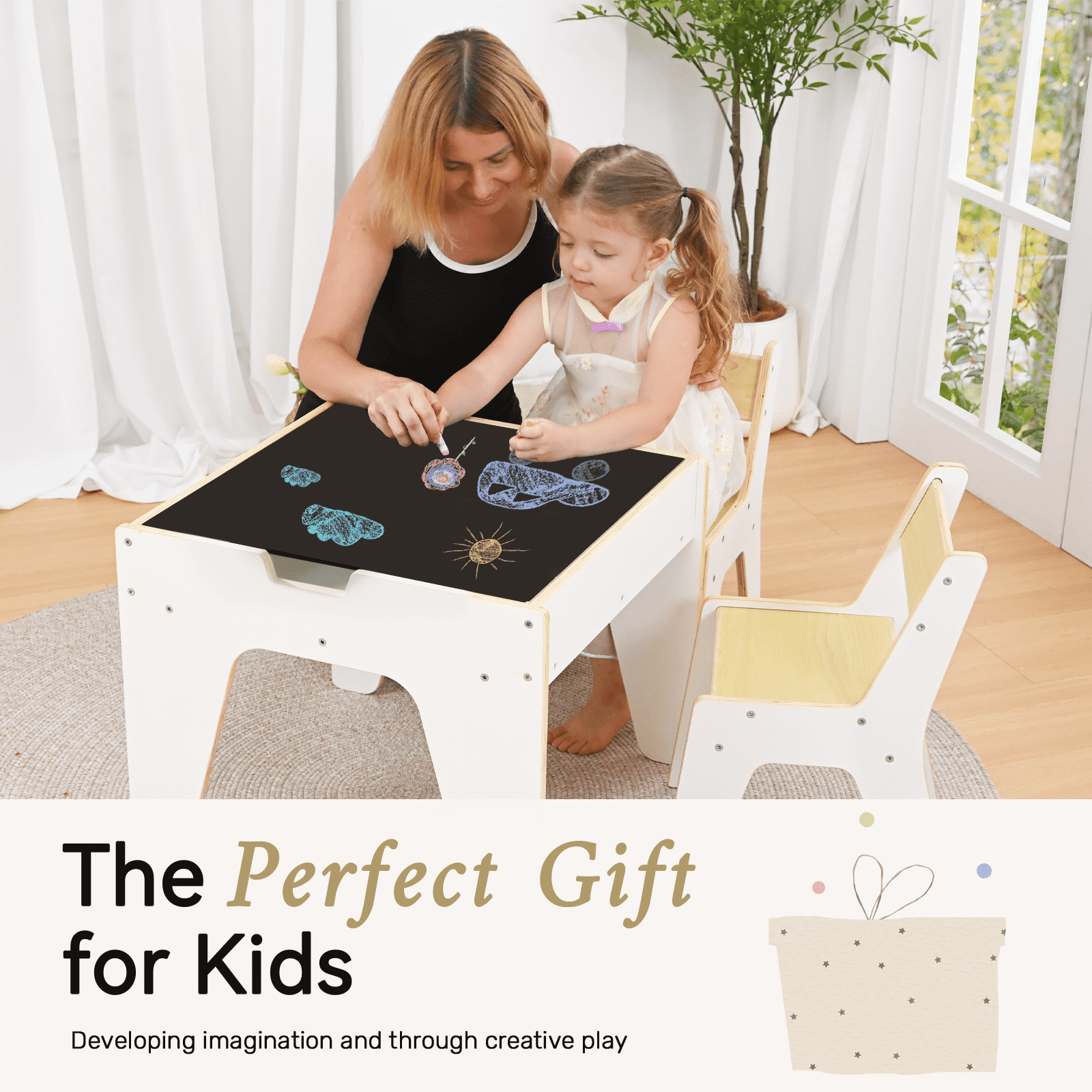 Kids Table and Chair Set, Reversible Wooden Activity Table with Board and Building Bricks Tabletop, 3 in 1 Wooden Toddlers Tables for Arts, Crafts