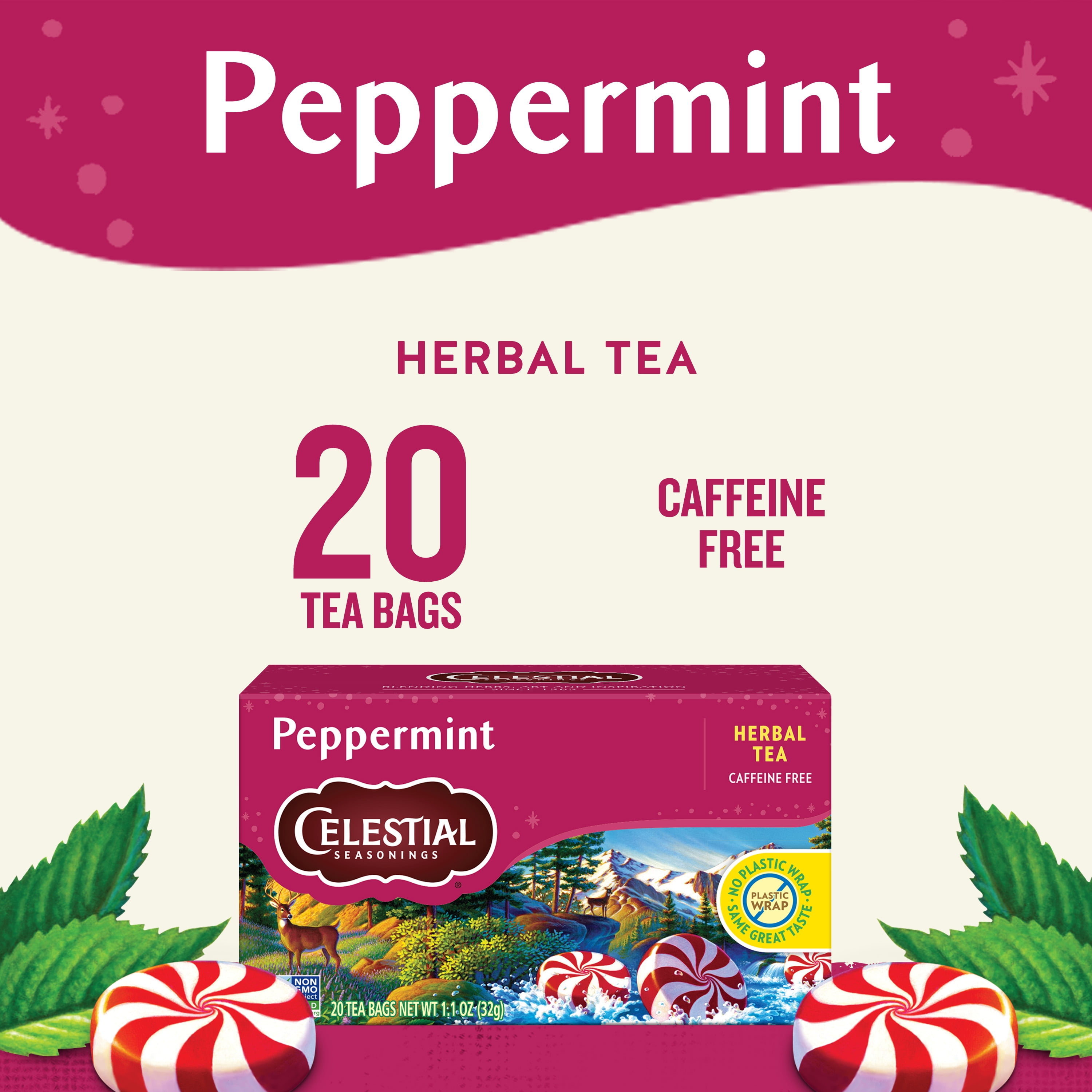 (4 pack) Celestial Seasonings Peppermint Caffeine-Free Herbal Tea Bags (20 Count)
