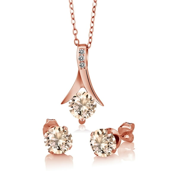 Gem Stone King Peach Morganite Diamond 1.85 Ct in 18K Rose Gold Plated Silver Pendant and Earrings Jewelry Set