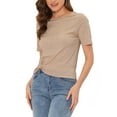 thumbnail image 4 of INSPIRE CHIC Women's Casual Round Neck Summer Crop Short Sleeve Twist Knot T-Shirt M Khaki, 4 of 6