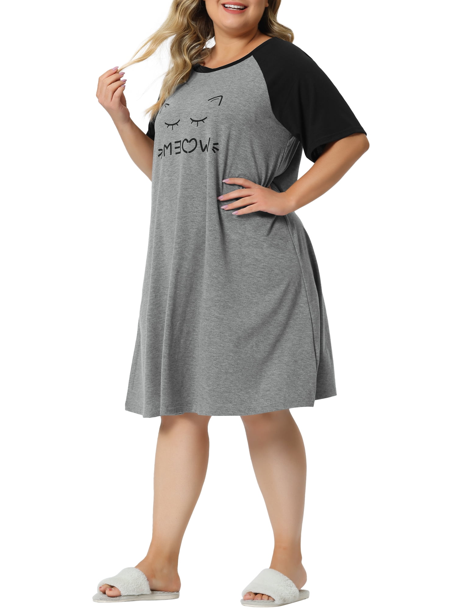 Unique Bargains Women's Plus Size Nightgown Short Sleeve Graphic Sleepshirts Sleepwear 2X Gray