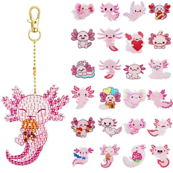 Henoyso 24 Pcs Axolotl Diamond Keychains Set 5D DIY Art Keychains Ornaments Axolotl Double Sided Drill Kit for Adult Kid Art Craft Supplies Gift Decor
