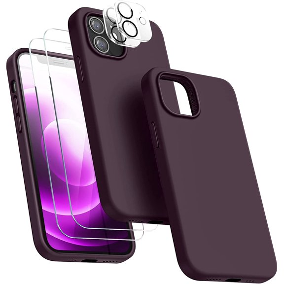 [5 in 1 for iPhone 12/iPhone 12 Pro Case, with 2 Pack Screen Protector   2 Pack Camera Lens Protector, Liquid Silicone Slim Shockproof Protective Phone Case [Microfiber Lining] (Dark Purple)……