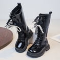 thumbnail image 2 of Mid Calf Combat Boots for Girls Waterproof Leather Winter Warm Lace up Side Zipper High Top Booties Sweet Pearl Bow Princess Dress Boots 3 Big Kid Black, 2 of 6
