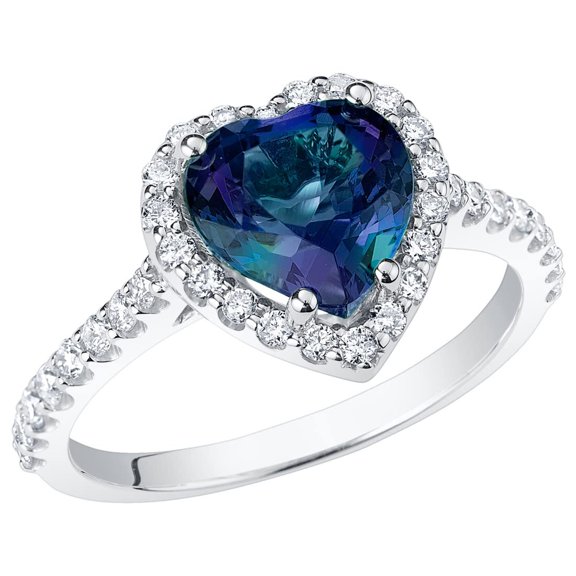 PEORA 3 Carats Created Alexandrite Lab Grown Diamond Sweetheart Ring in 14K White Gold, Color-Changing Heart Shape, Size 7
