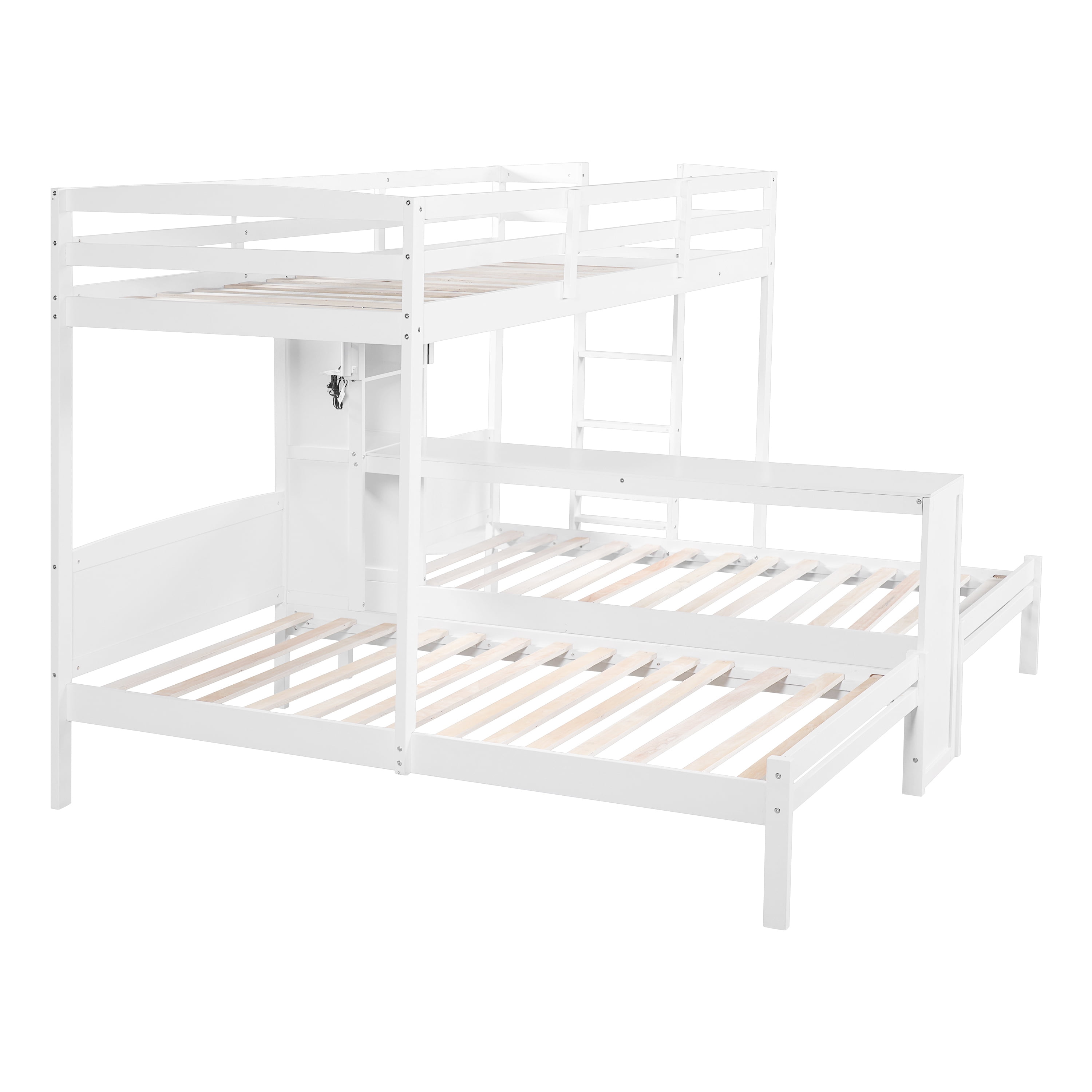 Euroco Wood Twin over Twin Bunk Bed with Desk, 3 Beds in 1 with Shelves and Reading Lamps, White