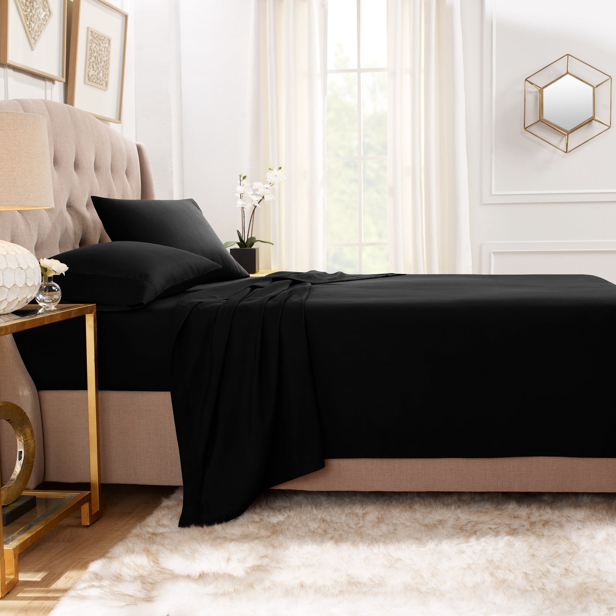 Hearth & Harbor Deep Pocket 4 Piece Solid Bed Sheet Set, 1800 Thread Count Microfiber Sheets, Split King, Black
