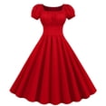 thumbnail image 4 of QLEICOM Women's 1950s Vintage Dresses,Square Neck Back Elastic Waist Short Sleeve Hem Mini Dress, Cocktail Stretchy Evening Party Dresses, Halloween Costumes Slim Swing Dress Red L, 4 of 6