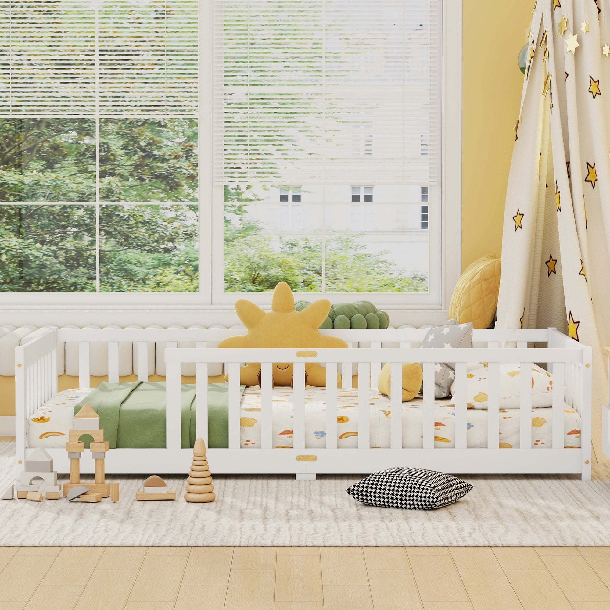Alvantor Twin Size Floor Bed, Solid Wood Toddler Bed with Slat and Fence Guardrail, Montessori Floor Bed for Kids, Boys, Girls,White