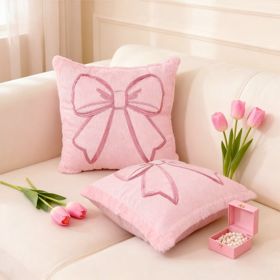 1Pc Valentines Pink Bow Throw Pillow Cover 17.72"X17.72" Decorative Cushion Case Soft Sofa Couch Bedroom Holiday Decor Accent Pillowcase,by JASKFLY