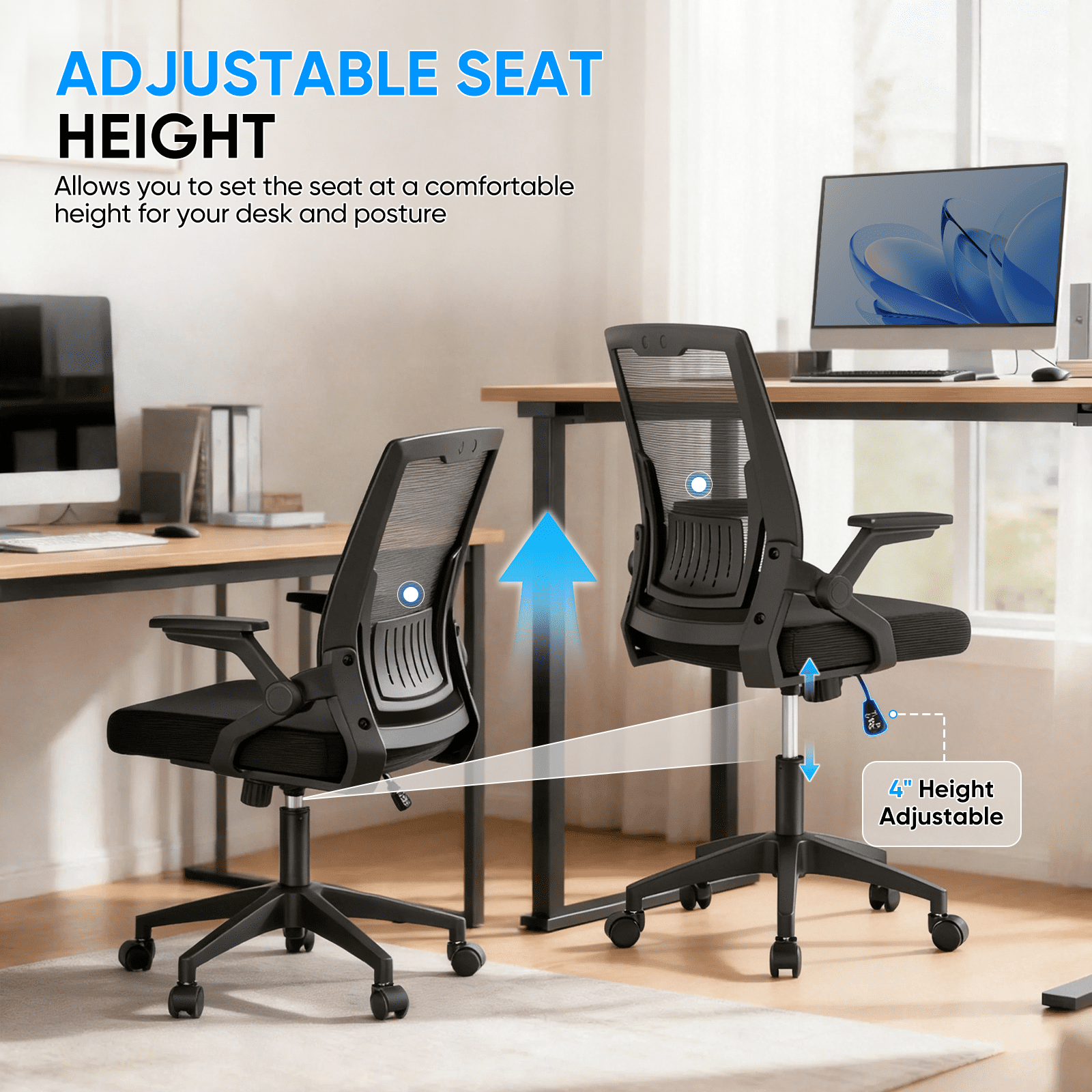 Monibloom Ergonomic Office Chair for Adults, Flip-Up Adjustable Armrest, 135° Reclining Tilt Lock, Thick Cushion Mesh Back, Home Desk Chair