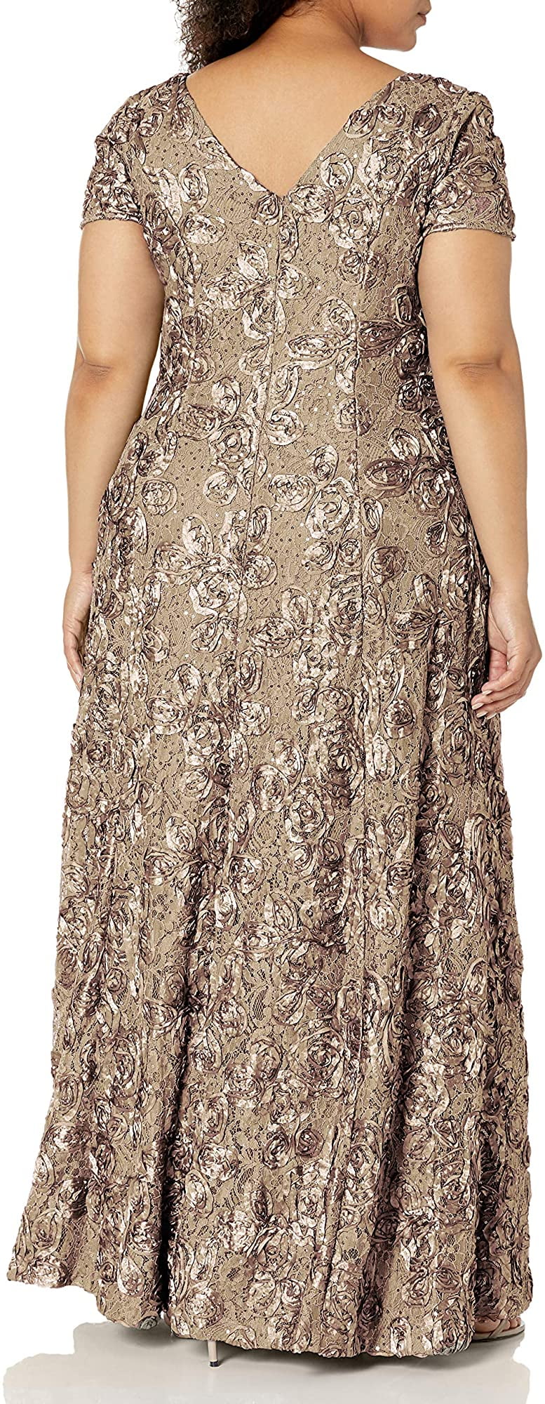 Alex Evenings Womens Long A-line Rosette Dress with Short Sleeves Sequin Detail