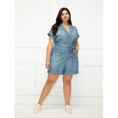 ELOQUII Elements Women's Plus Size Denim Romper
