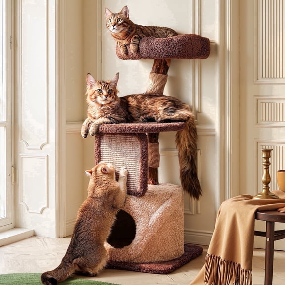 Sopapets 40.2''H Cat Tree Tower Natural Wood Aesthetic Scratching Board&Posts 1 Condo For Large Cats, , Brown