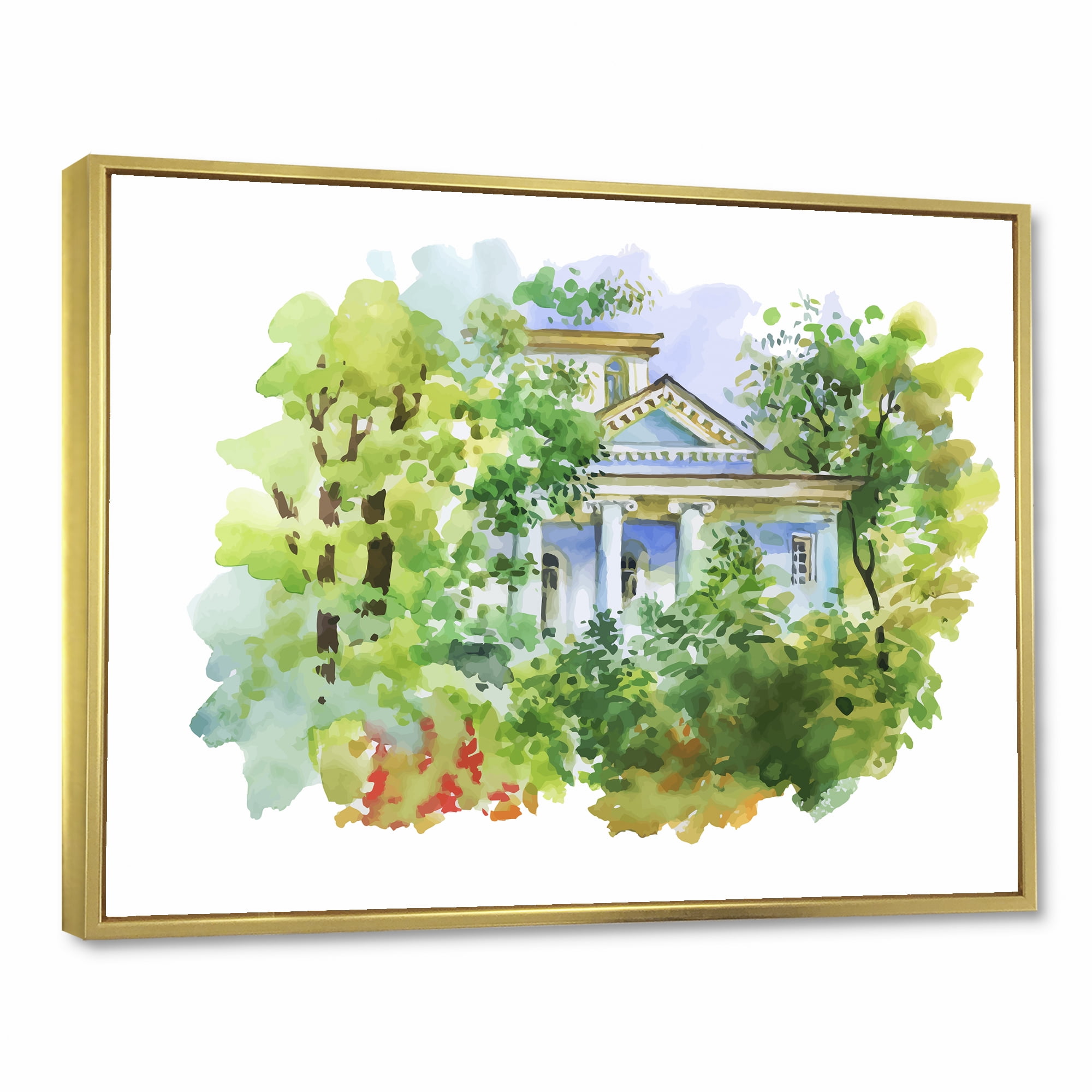 Designart 'White House In The Green Woods' Traditional Framed Canvas Wall Art Print