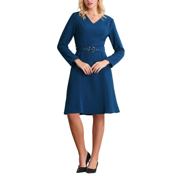 INSPIRE CHIC Women's Flare Dress V Neck Long Sleeve Belted Elegant Work Dresses S Dark Blue