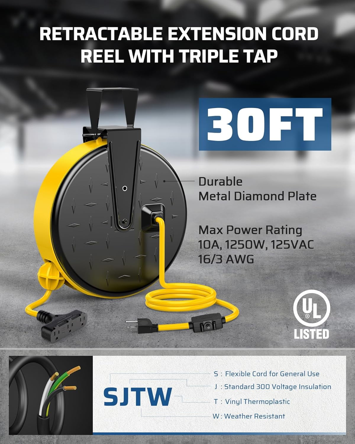 30 Ft Retractable Extension Cord Reel, Ceiling/Wall Mount 16/3 Gauge SJTW Power Cord with 3 Electrical Outlets Pigtail for Garage and Shop, 10 Amp Circuit Breaker, Metal Plate, UL Listed