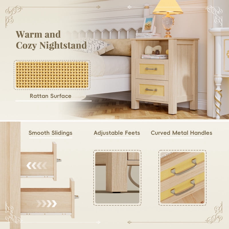 Vineego Rattan Nightstand Set of 2 with Power Outlet, End Table Beside Table with 2 Drawers & 1 Open Shelf for Bedroom Living Room, Beige