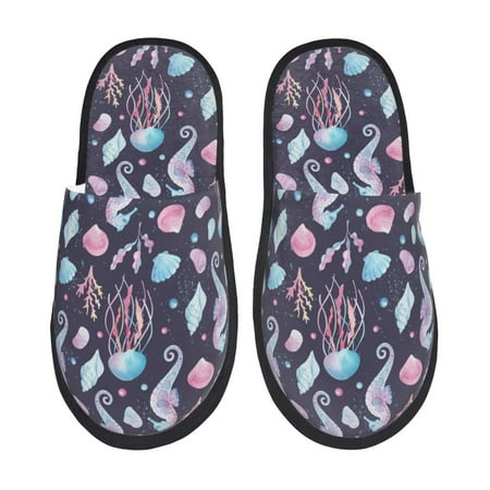 

Fuzoiu Watercolor Marine Animals Print Unisex Furry Slippers Plush Indoor Shoes Trendy House Slippers Anti-Skid EVA Sole House Shoes for Home Office and Travel -Medium