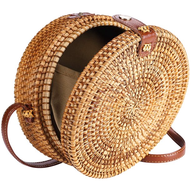 Bolso de ratán redondo tejido a mano para mujer, bolso de playa de paja, bolso de hombro bohemio, correas de cuero para el hombro, elegante Natural Petmoko A93